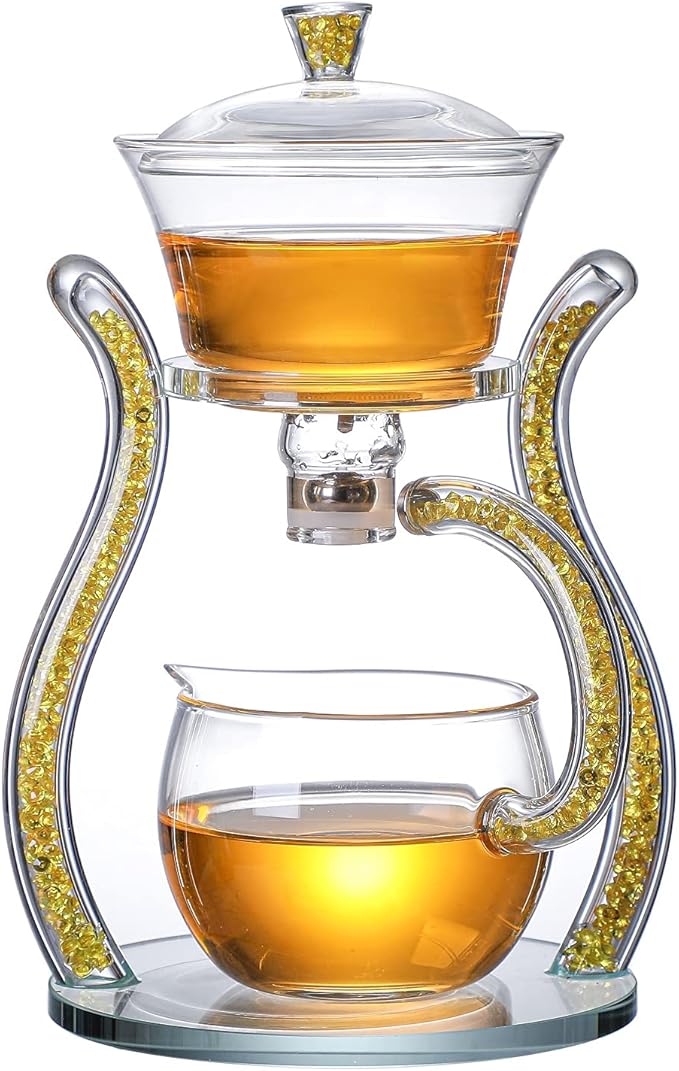 RORA Glass Teapot Set Semi Automatic Drip Rotating with Infuser Lazy Kungfu Tea pot Set (Yellow) - Bloomnest