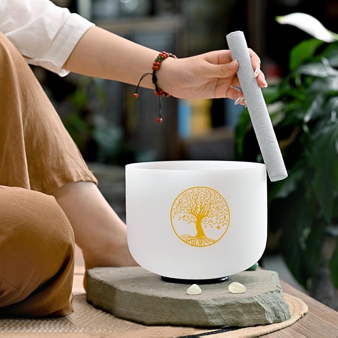 432HZ 8 Inch F Note Heart Chakra Crystal Singing Bowl Sound Healing, Frosted Quartz Crystal Tree of Life Sound Bowl, Sude and O-ring For Sound Healing Meditation - Bloomnest