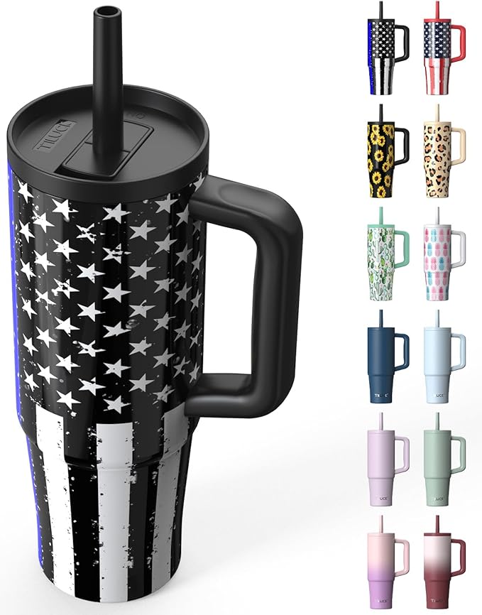 TILUCK 30 oz Tumbler with Handle, Vacuum Insulated Stainless Steel Travel Mug with 100% Leak-Proof Silicone Straw Lid, Cupholder Friendly Water Bottle(BlackFlag, 30oz)