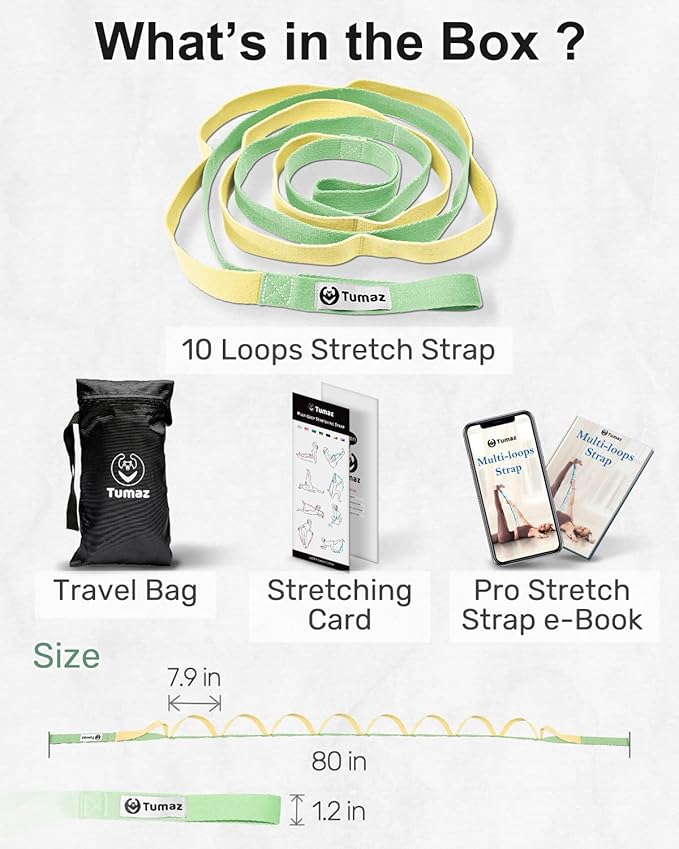 Tumaz Stretching Strap - 10 Loops & Non-Elastic Yoga Strap - The Perfect Home Workout Stretch Strap for Physical Therapy, Yoga, Pilates, Flexibility - [Extra Thick, Durable, Soft] - Bloomnest