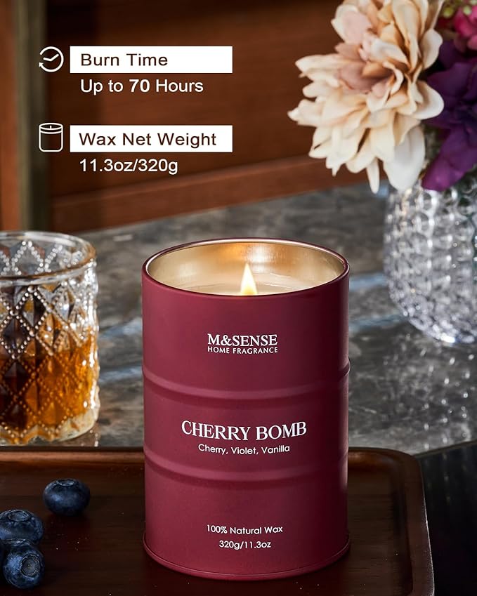 M&SENSE Cherry Bomb Scented Candles, Sweet Candle for Home Scented, Natural Soy Wax Cherry Blossom, Gifts for Women Mom, 11.3 oz 70 Hours Burn - Bloomnest