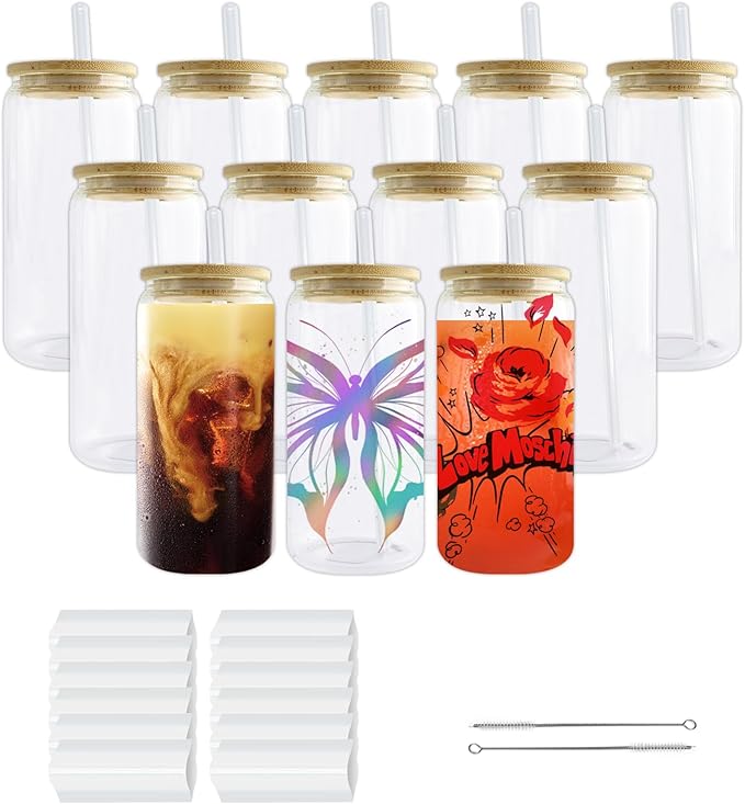 Sublimation Glass Cups Blanks with Bamboo Lids and Straws 12 Set 16 oz Reusable Iced Coffee Cup Beer Can Drinking Glasses, Cute Tumbler Cup for Smoothie Whiskey Boba Soda Tea Water - Bloomnest
