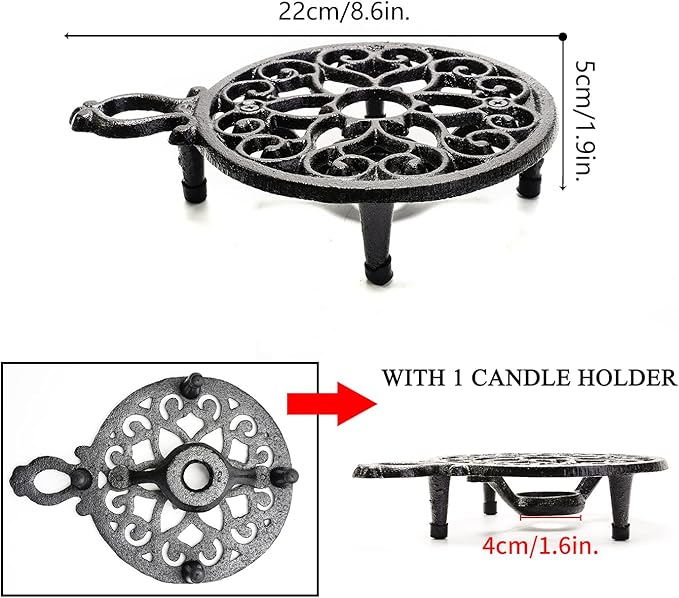 Sungmor Cast Iron Teapot Warmer Dish Cups Heater Pot Trivet - Rustic & Graceful Pattern Design with Tealight Holder - Heavy Duty & Decorative Candle Holder Stands for Heat Food Coffee Milk or Tea - Bloomnest