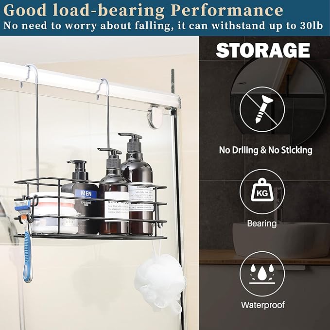 Shower Caddy Hanging Shower Orangizer Stainless Steel Shower Rack with Hooks Over The Door, Shampoo Basket Storage (Black) - Bloomnest