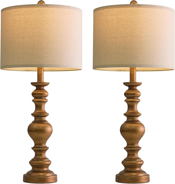 BOBOMOMO 27" Antique Gold Table Lamps Set of 2, Elegant Large Resin Lamps with Linen Shades, Gold Traditional Lamps for Bedroom, Living Room, or Console Table, Classic Vintage Décor - Bloomnest