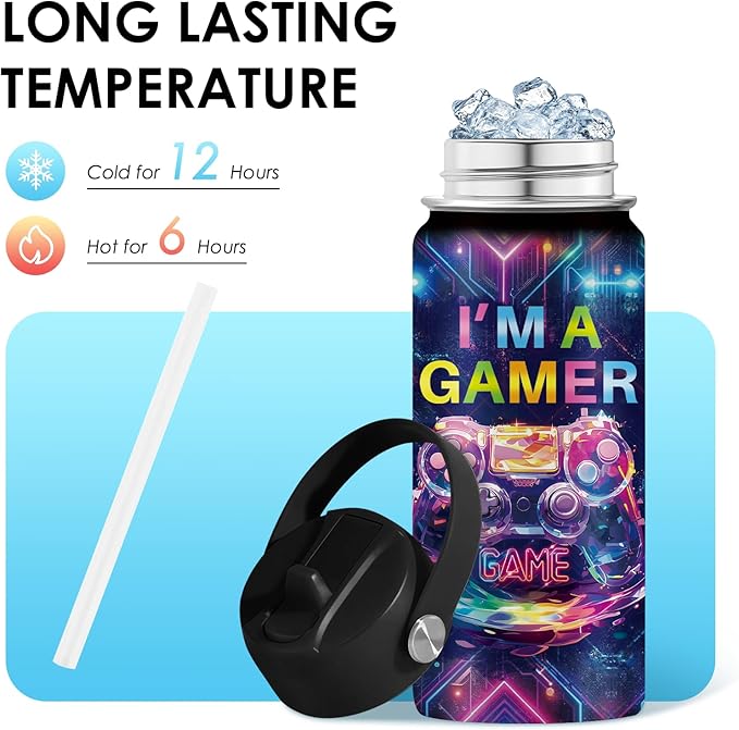 Game Gifts for Boy Girls - 16oz Kids Water Bottle with Straw, I'm A Gamer Stainless Steel Water Bottles Insulated, BPA-free, Leak-proof, Gamer Tumbler for School, Travel - Game Lovers Gift Cup(1pc) - Bloomnest