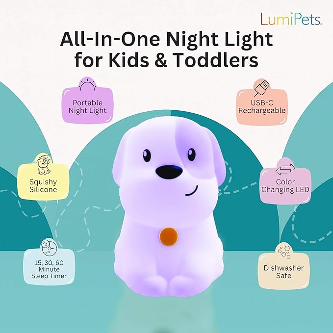 Lumipets Pepper The Puppy Dog Squishy Silicone Night Light for Kids | Cute Night Light with Remote & Touch Control for Baby & Toddler Bedrooms | Color Changing Animal Lamp | Soft Portable Nightlight - Bloomnest