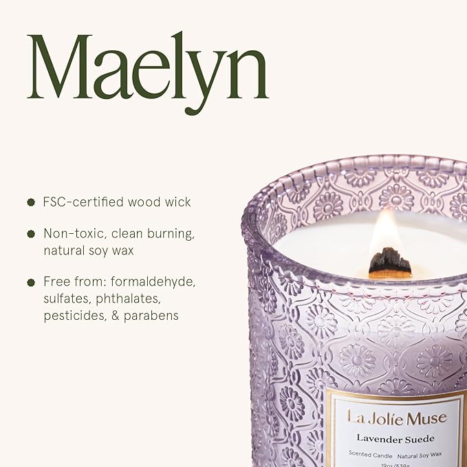 LA JOLIE MUSE Lavender Suede Candle – Eucalyptus, Lavender & Sandalwood 19 oz Large Wooden Wick Candle | Natural Soy Wax | 90 Hours Clean Burn | Aromatherapy Candle for Relaxation - Bloomnest