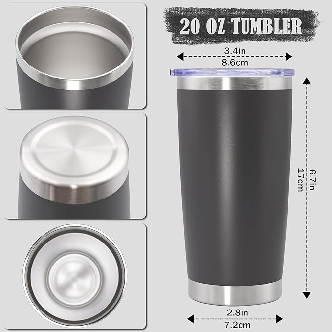20 oz Tumbler Coffee Travel Tumblers Bulk with Lid Stainless Steel Double Wall Vacuum Insulated Mug Powder Coated Cups fit Car Cupholder for Hot and Cold - Grey, 4Pack