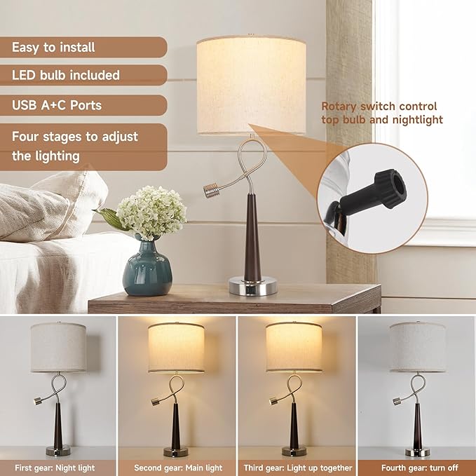 Rustic Farmhouse Table Lamps Wood Grain Swept Table Lamp Four Way Dimming Night Light Led Lamp Bedside Table Lamps Set Reading Lights,Suitable for Bedroom, Living Room, Desk - Bloomnest