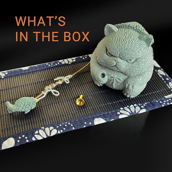 Exquisite Sandstone Warrior Cat Incense Holder (2.16”*2.36”) with Free Fishing Rod and Fish, Plus Bamboo Mat Cushion (7.28”*3.34”) (Sandstone Cat) - Bloomnest