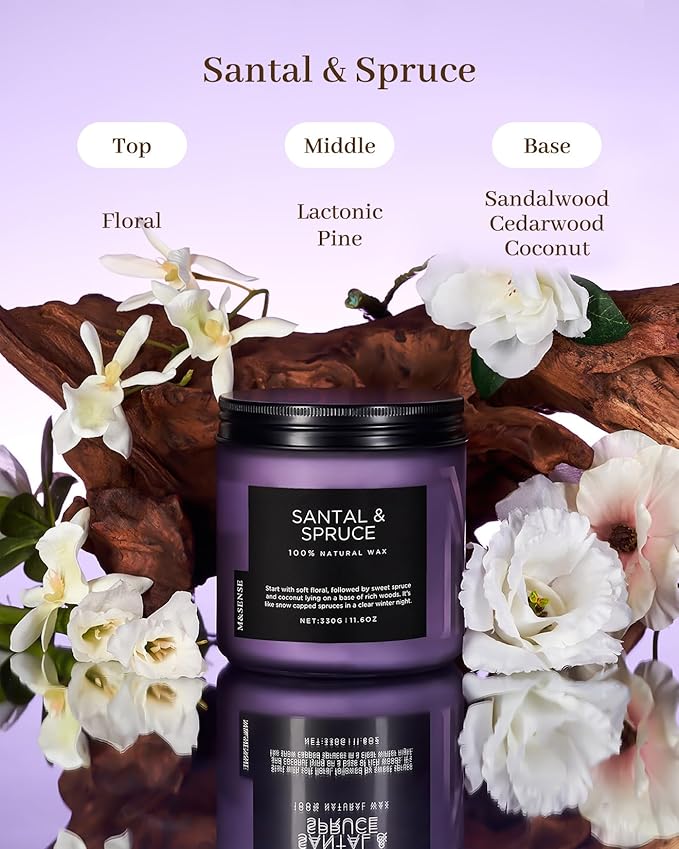 M&SENSE Santal Spruce Christmas Scented Candle, 11.6oz 70 Hours Burn Non Toxic Natural Soy Wax, 2 Cotton Wick Candle for Winter Holiday Housewarming Gifts for Family Friends Teachers - Bloomnest