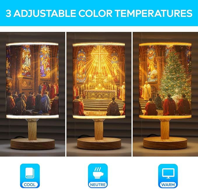 Midnight Mass Table Lamp LED 3-Color Pressed Bedside for Merry Christmas, Midnight Mass Shade Christmas Table Lamp with Wood Base for Bedroom Living Room Desk Office - Bloomnest