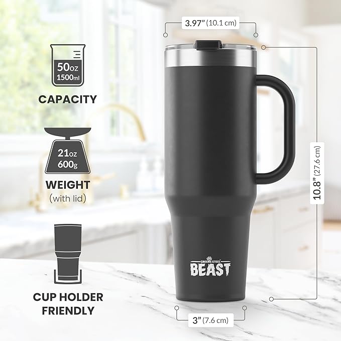 Beast 50 oz Tumbler Stainless Steel Vacuum Insulated Coffee Ice Cup Double Wall Travel Flask (Matt Black) - Bloomnest