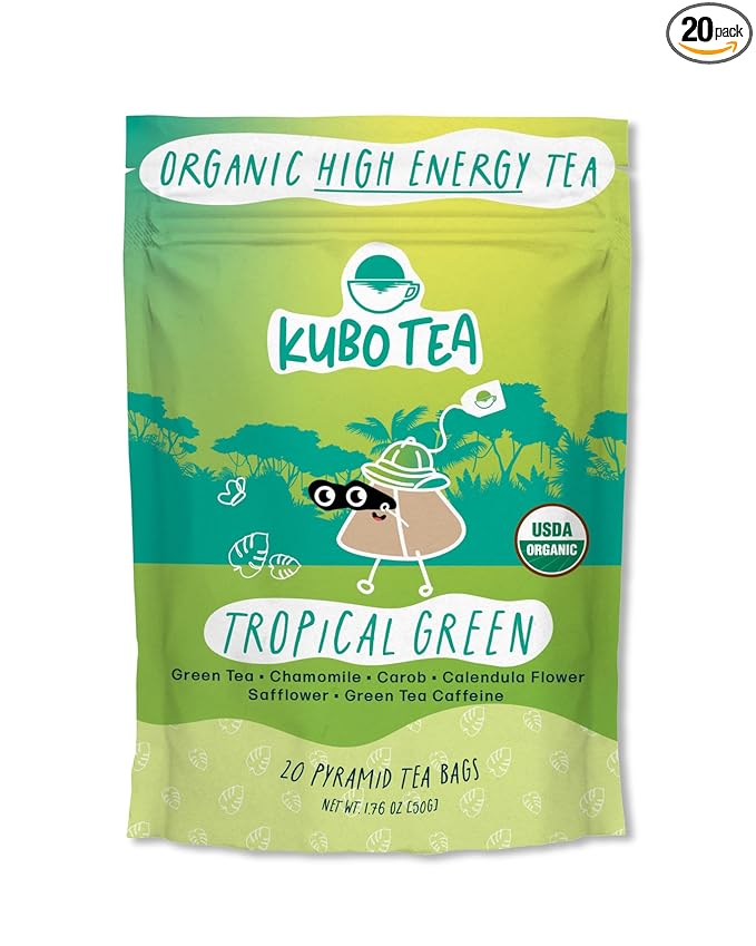 Kubo Tea Tropical Green Tea - Organic High Caffeine Energy Blend - 20 Pyramid Tea Bags (155mg Caffeine each) - Healthy Sugar Free Coffee Substitute for Hot & Iced Drinks - Biodegradable Packaging - Bloomnest