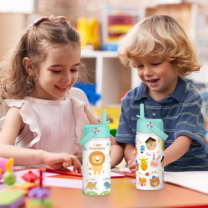 Animal Water Bottle 12oz for Kid Stainless Steel with Straw Lid, Kids Water Bottle, Travel Tumbler, Inspiration Gifts for Girls Boys, Birthday Christmas Back To School - Bloomnest