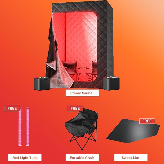 2 Person Portable Steam Sauna for Home with Two Red Light Therapy Panels Full Body Home Spa (Black) Bloomnest