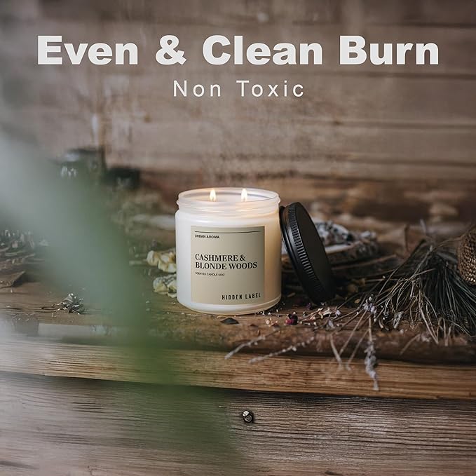Hidden Label Cashmere & Blonde Woods Soy Candle, 12oz 2 Wick Non Toxic Candles for Home Scented, Bathroom Candle 70H Clean Burning Aromatherapy Candle for Stress Relief & Relaxation Gifts - Bloomnest