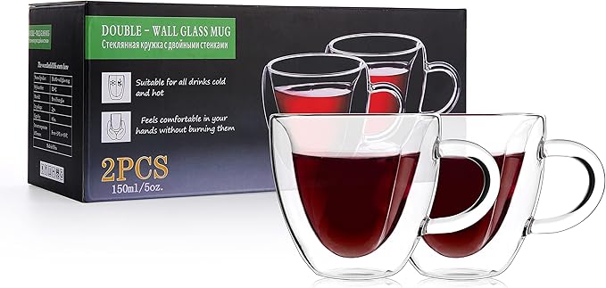CNGLASS Mothers Day Gifts for Mom,Double Wall Heart Shaped Glass Coffee Mugs 5oz(Set of 2),Insulated Clear Tea Cups with Handle,Unique Glass Espresso Mugs for Coffee,Cappuccino,Latte,Milk - Bloomnest