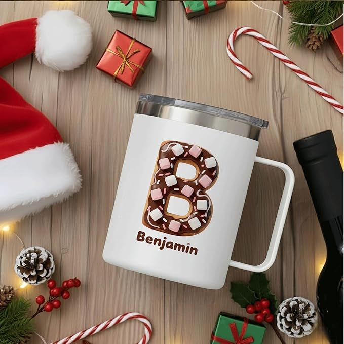 Personalized Christmas Mug | Custom Gingerbread Initial Insulated Coffee Cup with Handle & Lid | 12oz Holiday Tumbler, Cute Stocking Stuffer Gift for Women & Kids (B07) - Bloomnest