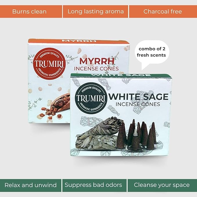 TRUMIRI Incense Cones - Combo Pack of 20 Cone Incense - 10 White Sage + 10 Myrrh TRUMIRI