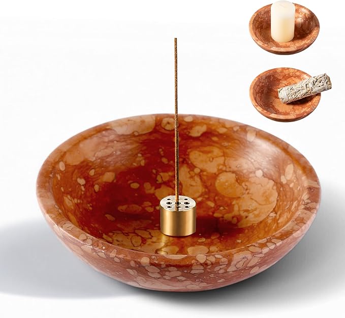 Koville Natural Marble Incense Holder, Incense Holder for Sticks with 9 Holes, Handmade Incense Burner Ash Catcher for Meditation Yoga SPA, Balsam Fir/Palo Santo/Sage/Cone (Red)