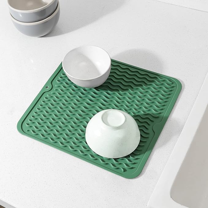 Silicone Dish Drying Mat for Multiple Usage,Easy clean,Eco-friendly,Heat-resistant Silicone Mat for Kitchen Counter or Sink,Refrigerator or Drawer liner Green M 12 inches x 12 inches - Bloomnest