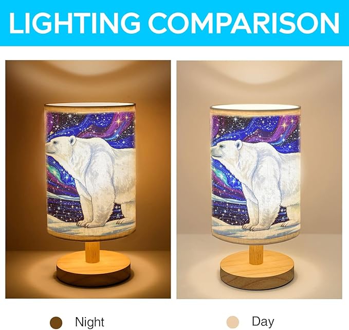 Polar Bear Table Lamp LED 3-Color Pressed Bedside for Merry Christmas, Polar Bear Shade Christmas Table Lamp with Wood Base for Bedroom Living Room Desk Office - Bloomnest