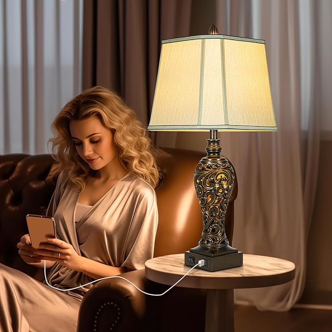 28.5" high Vintage Brown Table Lamps Set of 2 - Bedside Lamp with Faux Silk Shades - for Bedroom and Living Room with USB and Nightlight - Perfect for Nightstands and Bedrooms (Bulb Included) - Bloomnest