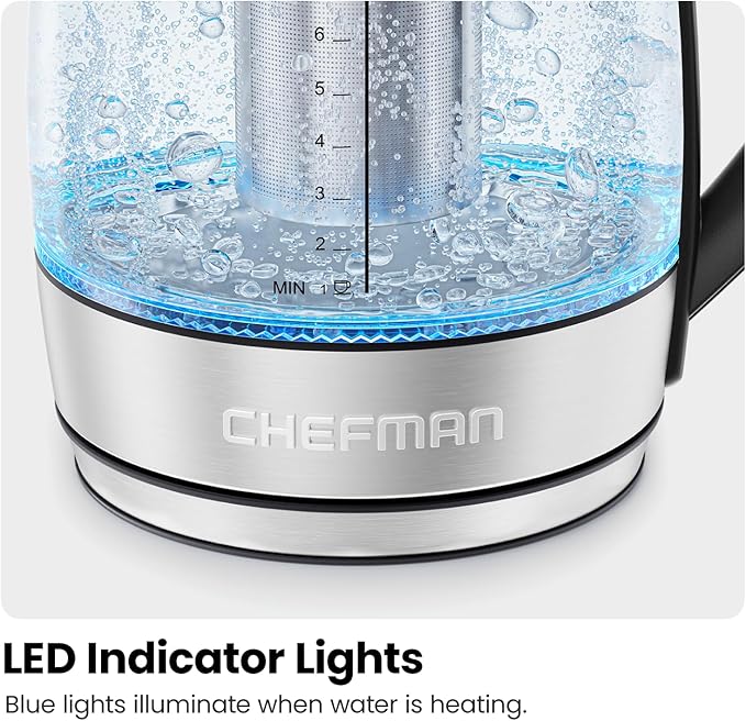 Chefman Electric Kettle for Boiling Water, 1.8L 1500W, Removable Tea Infuser, Auto Shut Off, Boil-Dry Protection, BPA Free, Borosilicate Glass, Hot Water Boiler, Electric Tea Kettle - Stainless Steel - Bloomnest