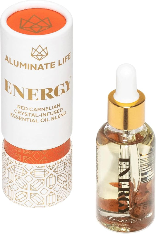 Crystal Infused Essential Oil Vial, 1 Oz, Energy - Red Carnelian Crystal Infused - Scents of Lemon, Grapefruit, & Bergamot - Aromatherapy Oils, Massage, Stress Relief