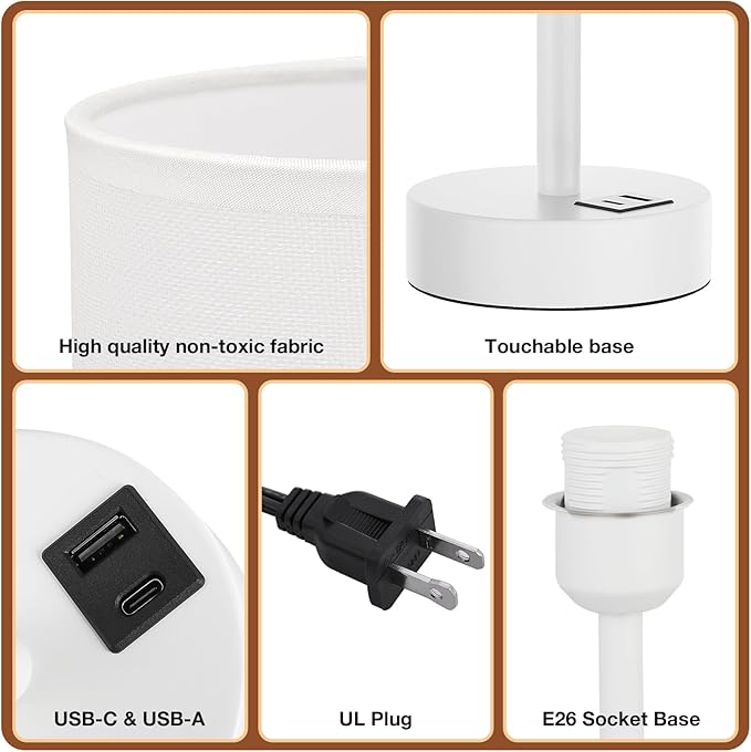 Dicoool White Touch Bedside Lamp for Bedroom - 3 Way Dimmable Table Lamp with USB, Nightstand Lamp with White Charging Station for Desk Dorm, Girl Kids Room, Small - Bloomnest