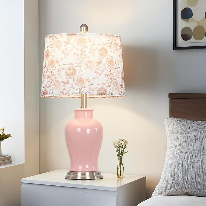 Pink Ceramic Table Lamp with Flower Lampshade, 23" Cute Ceramic Bedside Lamp with Ginger Jar Design, Modern Living Room Lamps Set 2, Elegant Bedroom Lamps for Nightstand Desk Side Home Decor - Bloomnest