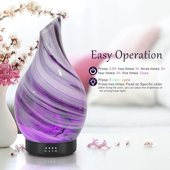 Essential Oil Diffuser 120ml Ultrasonic Aromatherapy Diffuser with Handmade Glass with Auto Shut-Off Protection 4 Timer Setting 7 Colors Changed LED Diffuser for Home Yoga Office Gifts for Women - Bloomnest