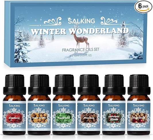 SALKING Winter Set of Scented Oils, Premium Fragrance Essential Oils Gift Set for Diffuser, Soap & Candle Making Scents - Cinnamon, Christmas Wreath, Sugar Cookie, Cranberry, Peppermint, Gingerbread - Bloomnest