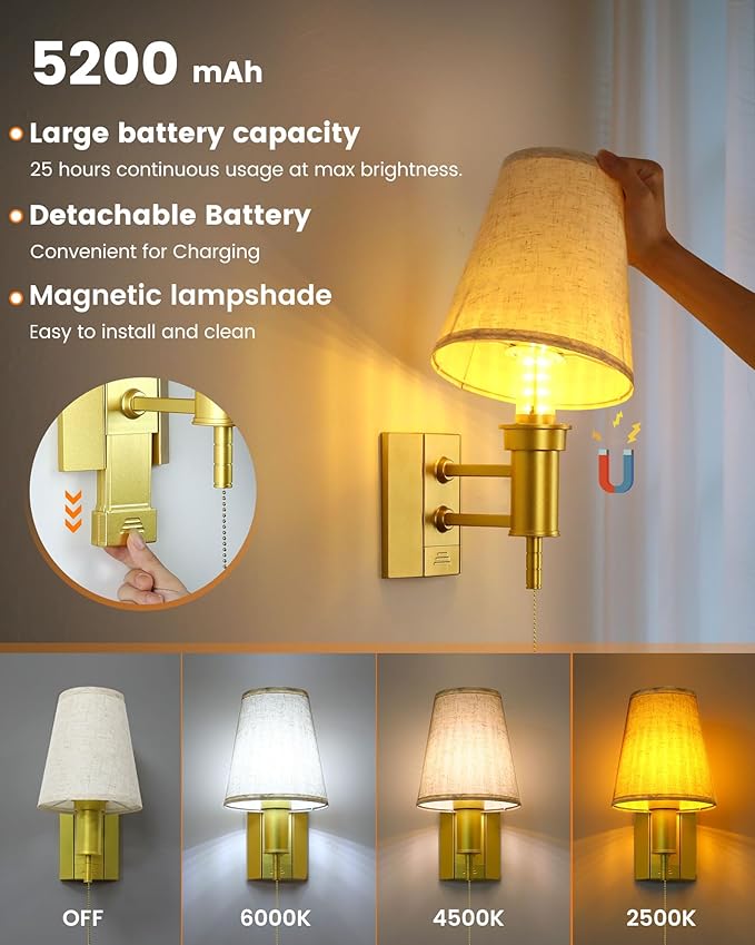 Rechargeable Wall Lights Gold Remote Control, 5200mAh Detachable Battery Wall Sconces, Wireless 16 Colors Timer & Dimmable Battery Wall Lamp for Bedroom, Living Room, Hallway - Bloomnest