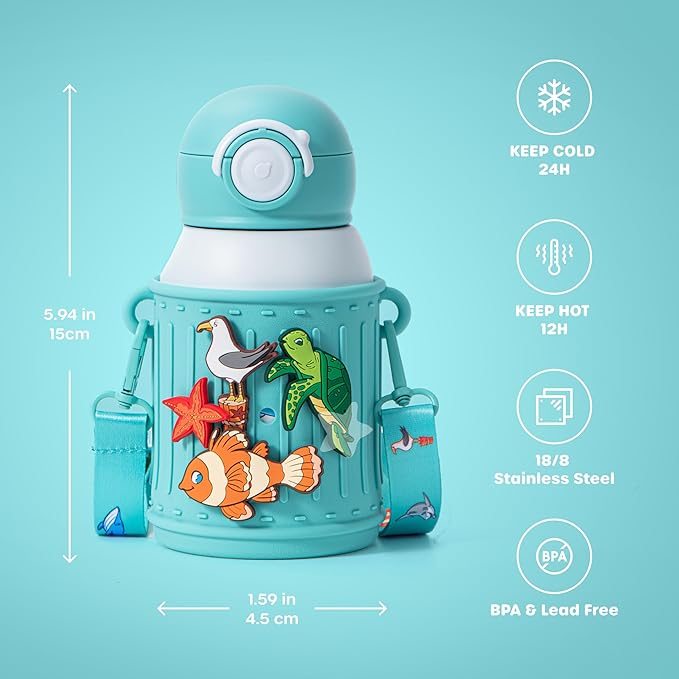 Kids Insulated Tumbler Set – 16oz Stainless Steel Water Bottle with Straw & Pour Lids, Screw-On Cup, Adjustable Strap, Silicone Sleeve & Charms – Leakproof BPA-Free Bottle for Boys & Girls - Bloomnest
