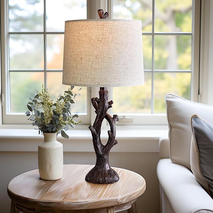 OYEARS 25" Farmhouse Table Lamp Set of 2 for Living Room Bedroom Resin Bedside Tree Lamp Nightstand End Table Lamps Vintage Natural Style - Bloomnest