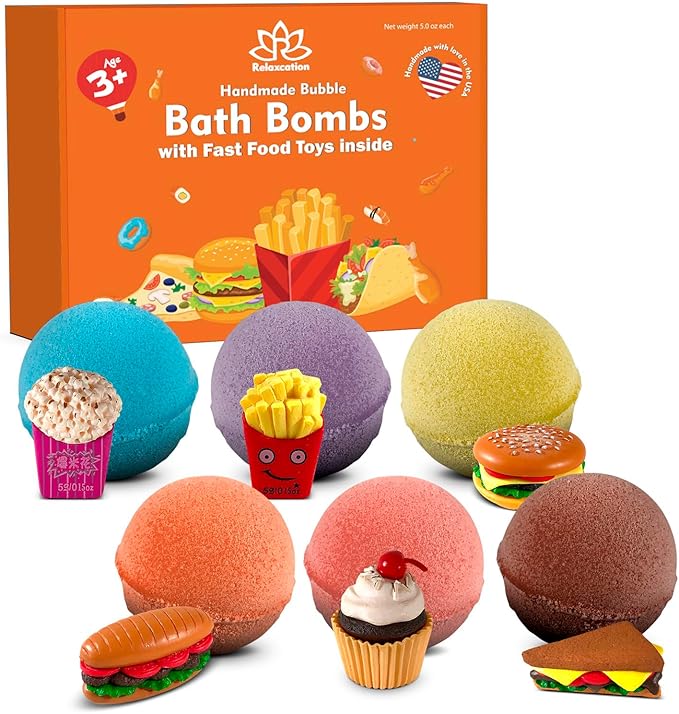 Bath Bombs for Kids Set with Toys Surprise Inside for Kids | Fast Food Toys Surprises Inside - Safe Bath Fizzies for Sensitive Skin and Quality Toys Make Your Kids Happy - Handmade in USA - Bloomnest
