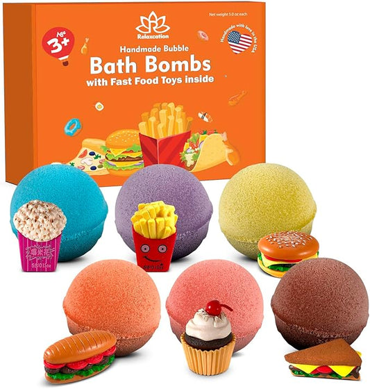 Bath Bombs for Kids Set with Toys Surprise Inside for Kids | Fast Food Toys Surprises Inside - Safe Bath Fizzies for Sensitive Skin and Quality Toys Make Your Kids Happy - Handmade in USA - Bloomnest