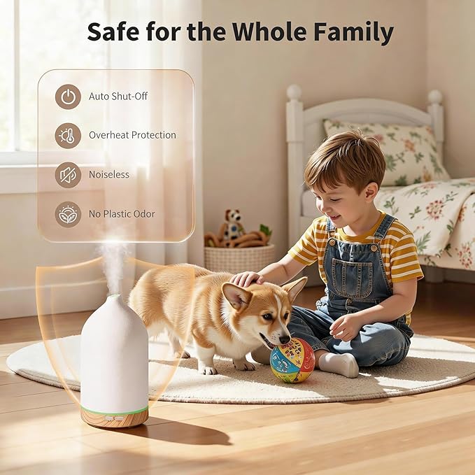 URPOWER 120ML Ceramic Essential Oil Diffuser Ultrasonic Aromatherapy Diffuser with Wood Grain Base, 7-Color LED Lights Auto Shut-Off, Humidifier for Home & Office, Air Diffuser for Relaxation - Bloomnest