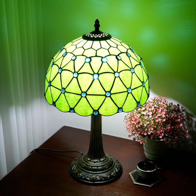 Green Tiffany Lamp For Bedrooms Bedside Stained Glass Table Lamp Farmhouse Lamps Night Stands Retro Traditional Nightstand Desk Decor Blue Beads Side Living Room End Desk Reding Lighting 12x12x19 Inch - Bloomnest