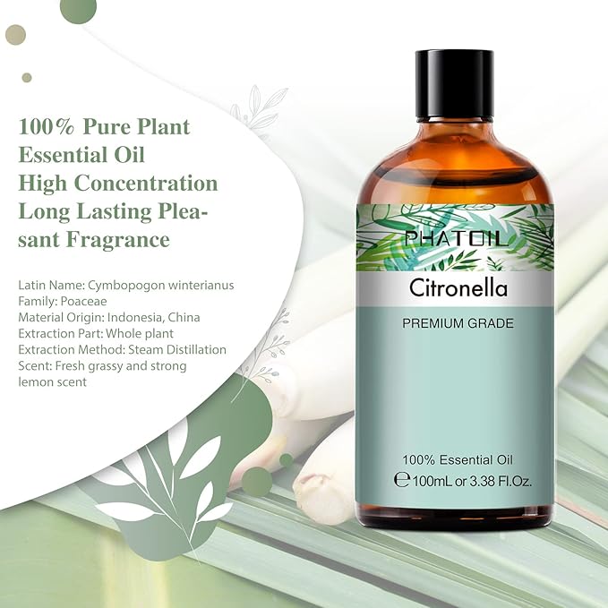 PHATOIL 100ML Citronella Essential Oil, for Aromatherapy Diffusers, Humidifiers, Great for DIY Candle and Soap Making, Gift for Friend PHATOIL