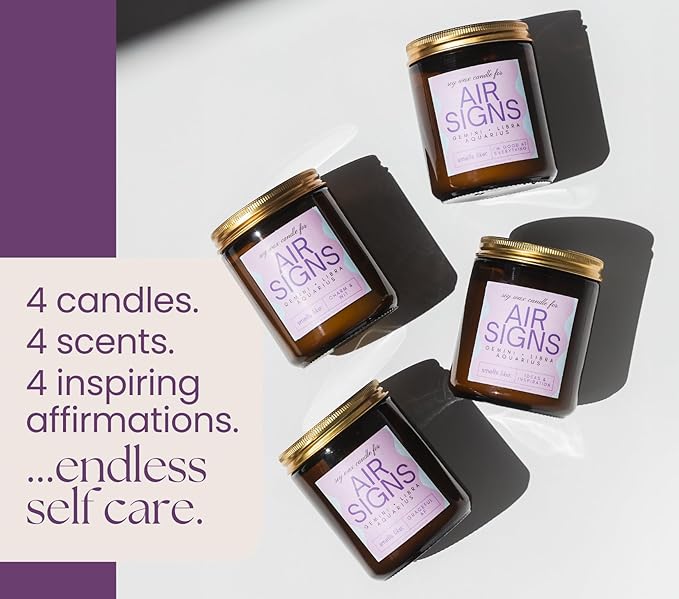 Aquarius, Gemini, Libra Gifts for Women - Wood Wick Candles, 4 Pack Small Candles Set for Women. 6oz Natural Soy Wax, Scented Aromatherapy Set for Home. Zodiac Astrology Birthday Spiritual Gifts - Bloomnest