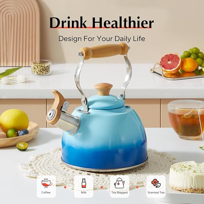 ROCKURWOK Tea Kettle, Tea Pot with Cool Touch Ergonomic Handle, Teapot Food Grade Stainless Steel, Tea Kettle Stovetop, Kettle Teapot, Whistling Tea Kettle, Small Tea Pot, 1.6 Quart (Blue) - Bloomnest