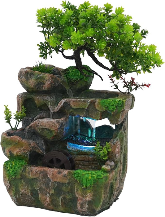 Indoor Water Fountain Humidifier Desktop Waterfall Bonsai Tabletop Fountains with Color LED Light Fake Mountain Bonsai Home Decoration Rockery Tree Plants for Home Office Bedroom (B) - Bloomnest