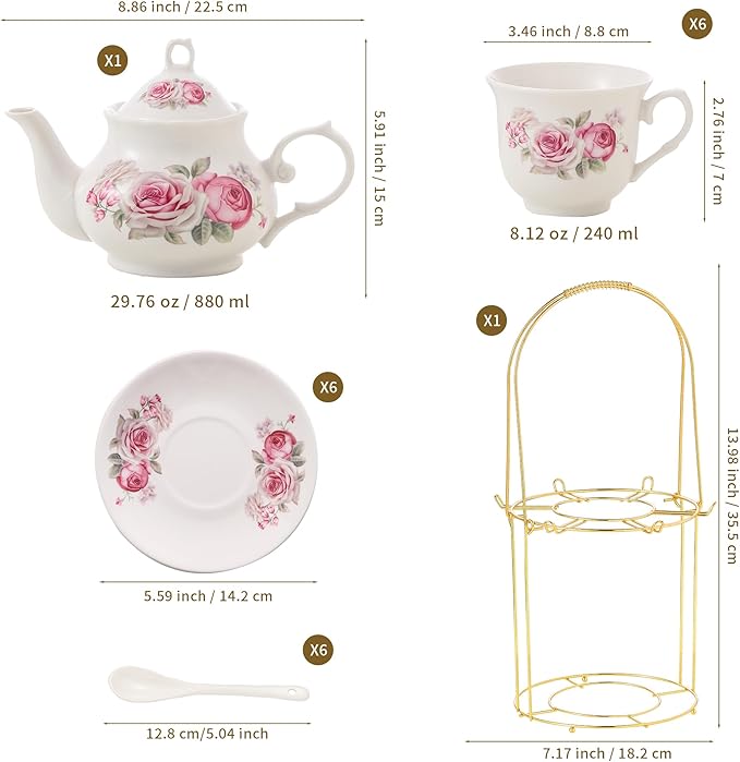 20-Pieces Tea Set For Adult with Golden Metal Rack,Porcelain Tea Sets For Women,Tea Gift Sets for Home&Party(016) - Bloomnest