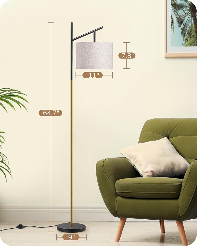 EDISHINE Modern Floor Lamps for Living Room, 64.7" Minimalist Standing Lamp with 3 Color Temperatures Bulb & Adjustable Linen Shade, Foot Pedal Switch, Arc Tall Lamp for Bedroom Office, Black Gold - Bloomnest
