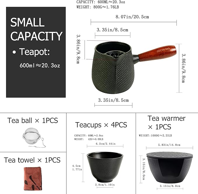 600ml Cast Iron Teapot Set, Japanese Tea Kettle for Stovetop without Lid, 20.3 fl oz Tea Set with Stainless Steel Teacups and Cast Iron Tea Warmer, Tea Ball for Loose Leaf, Wooden Side-handle - Bloomnest