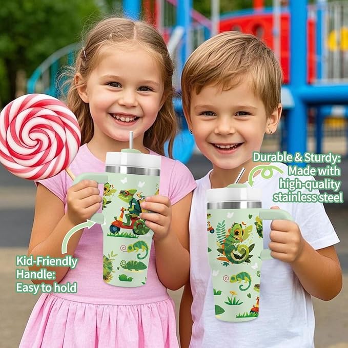 14oz Chameleon Tumbler with Handle and Straw, Stainless Steel Vacuum Insulated Tumblers, Birthday Gifts for Chameleon Lover, Daughter, Son, Sister - Bloomnest